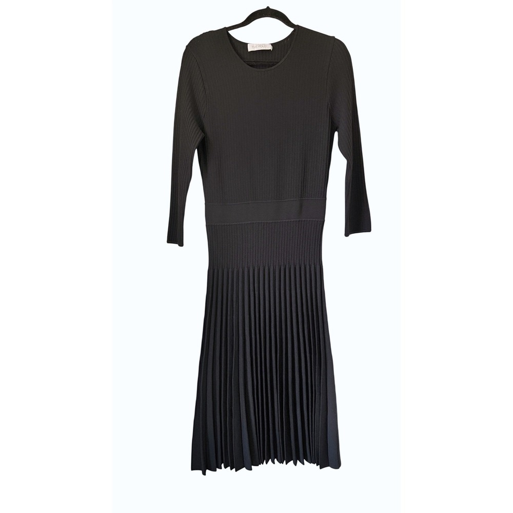 THE FOLD London Black Ribbed Knit Pleated Midi Dress Size Medium 3/4 Sleeve